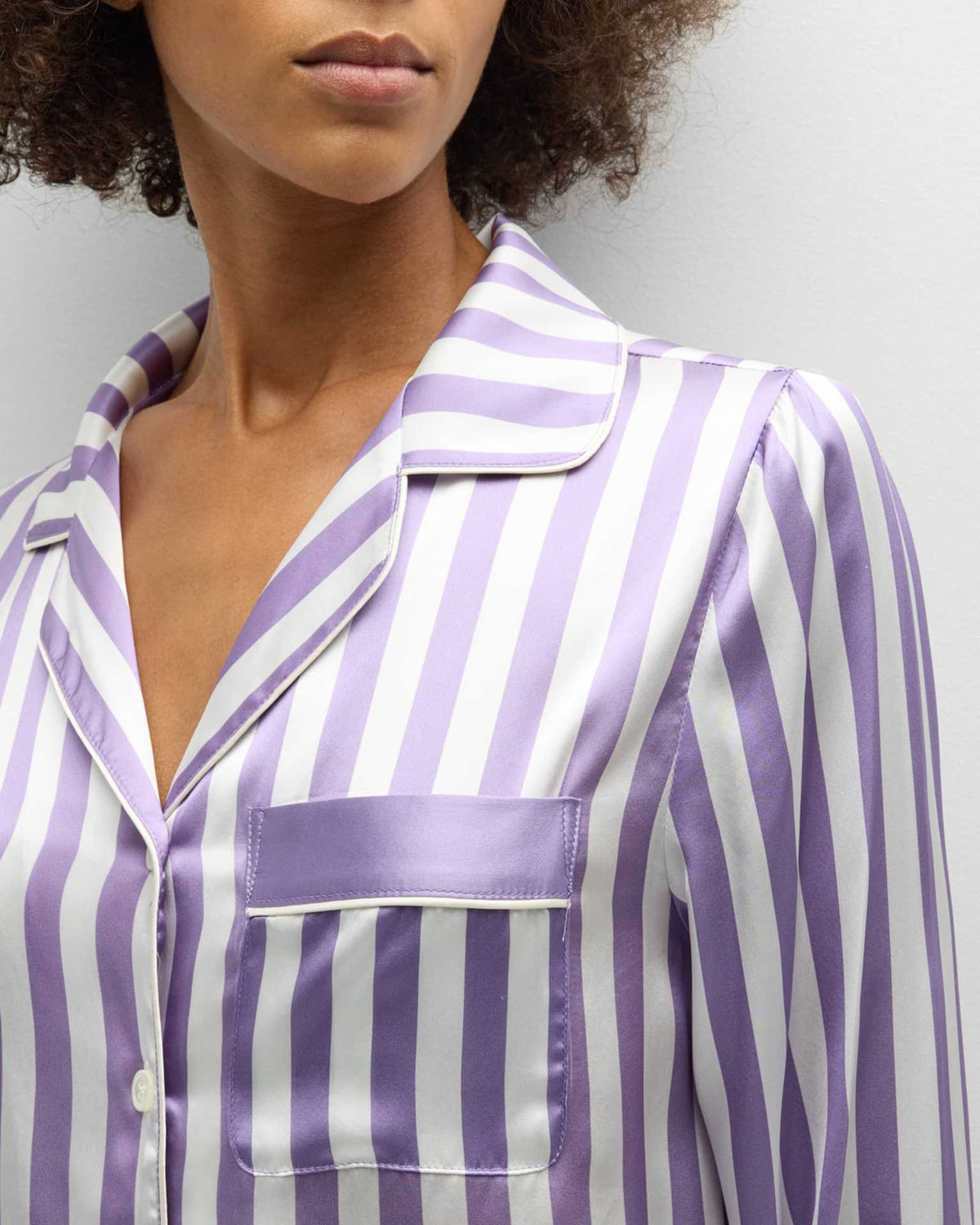 Satin Striped Long Sleeve Pajama Set - Purple - 1