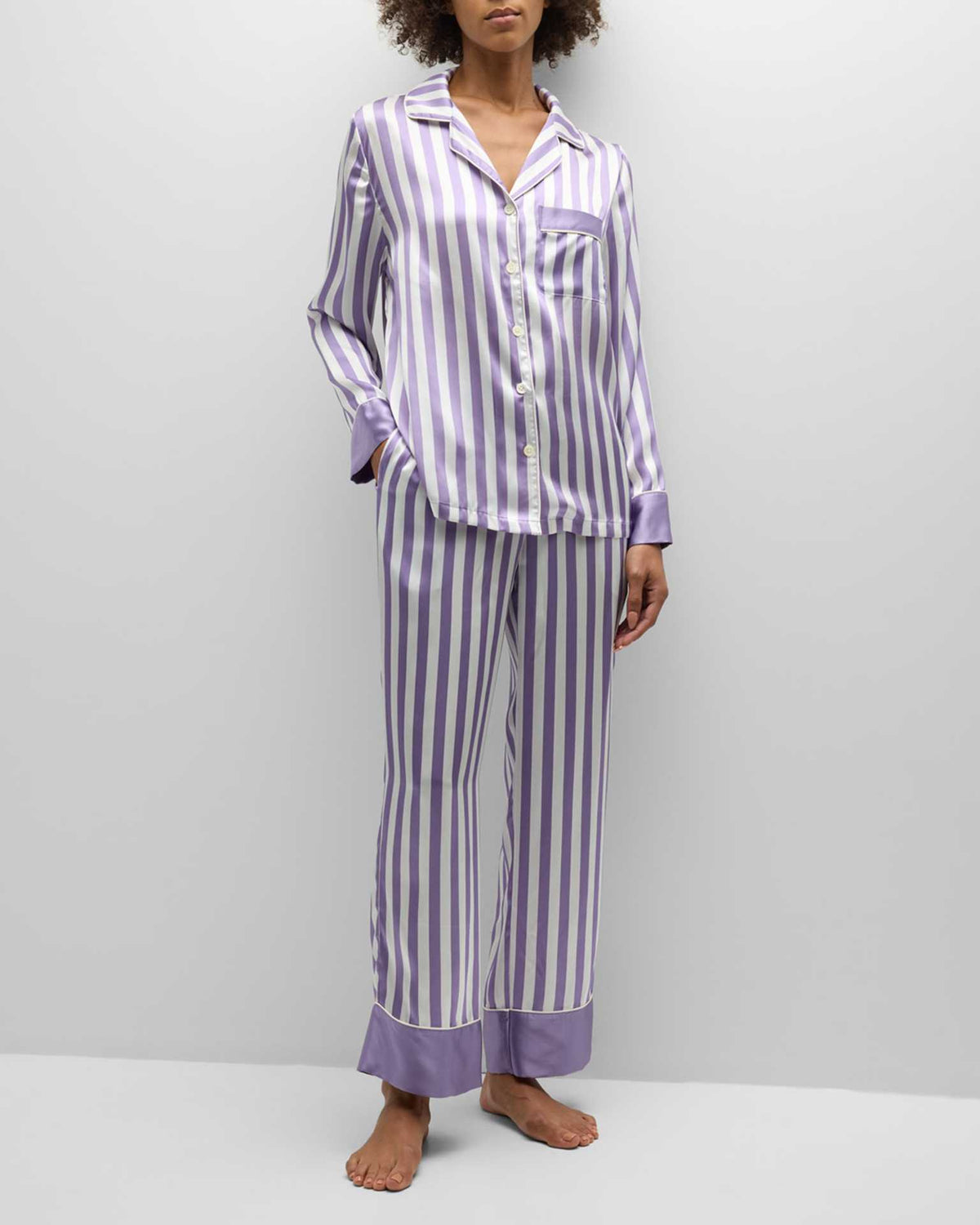 Satin Striped Long Sleeve Pajama Set - Purple - 2