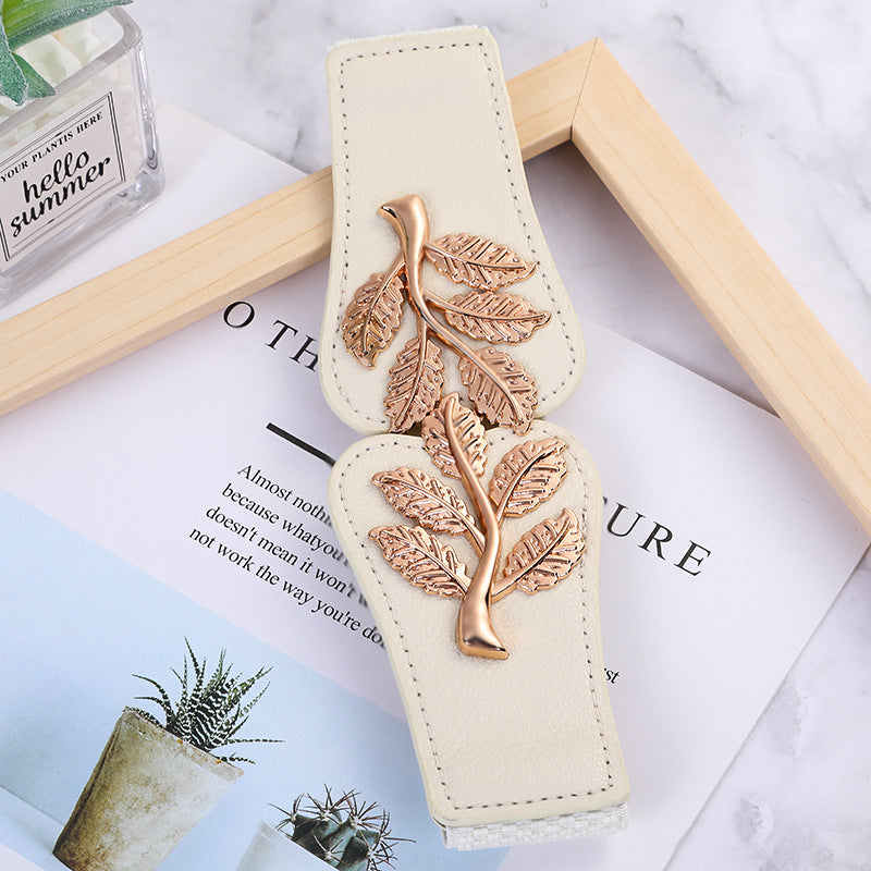 Leaf Branch Buckle Wide Stretch Belt - Beige
