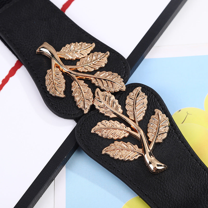 Leaf Branch Buckle Wide Stretch Belt - Black