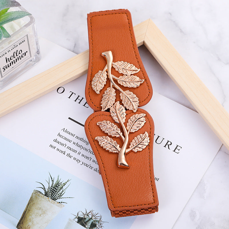 Leaf Branch Buckle Wide Stretch Belt - Camel