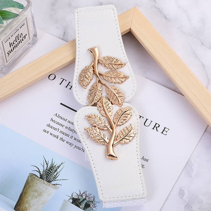 Leaf Branch Buckle Wide Stretch Belt - White