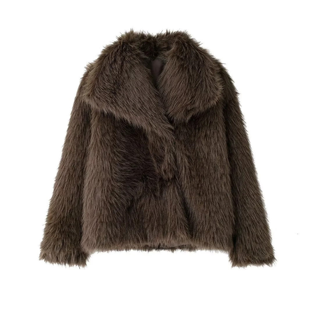 Shaggy Wide Lapel Faux Fur Coat - Brown
