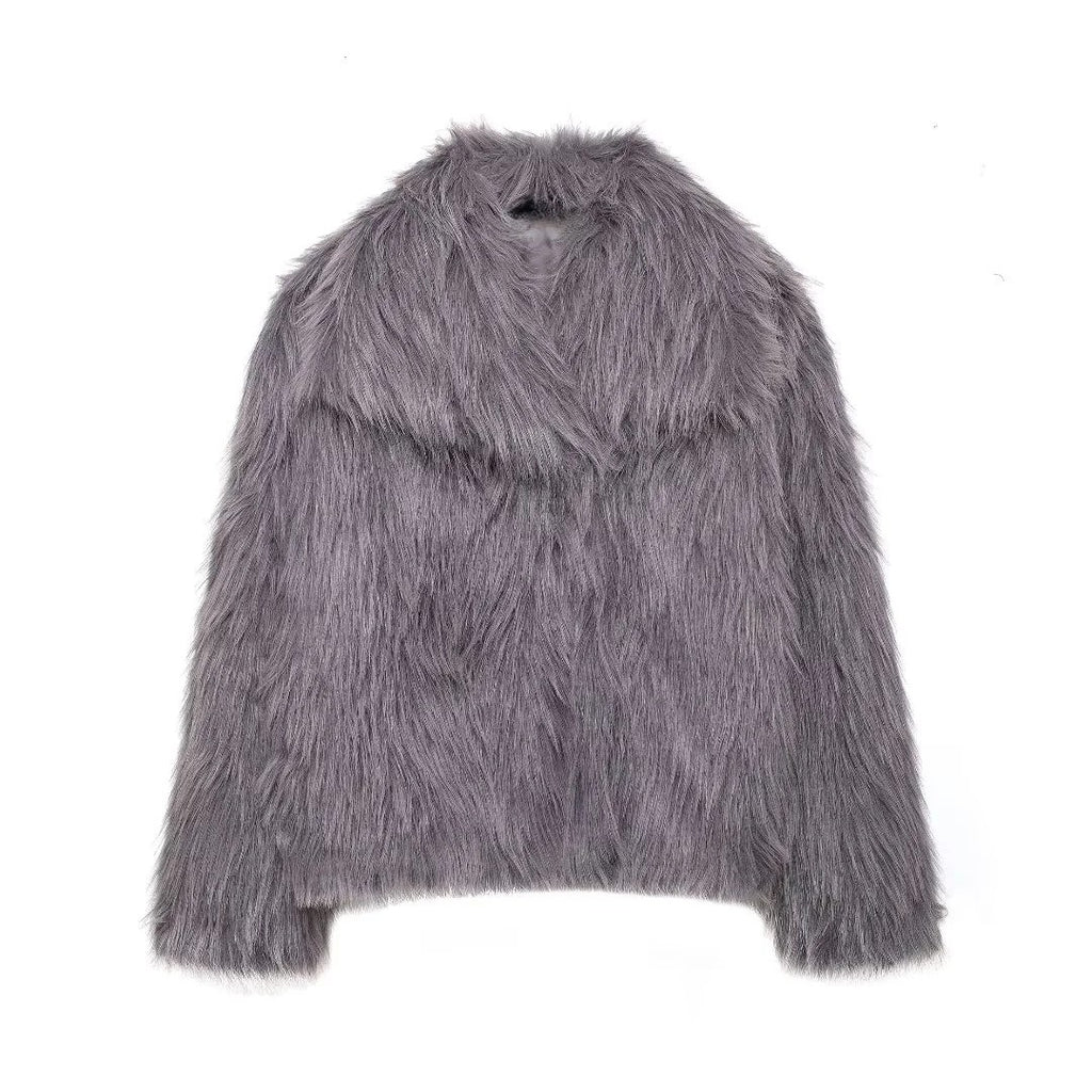Shaggy Wide Lapel Faux Fur Coat - DarkGray