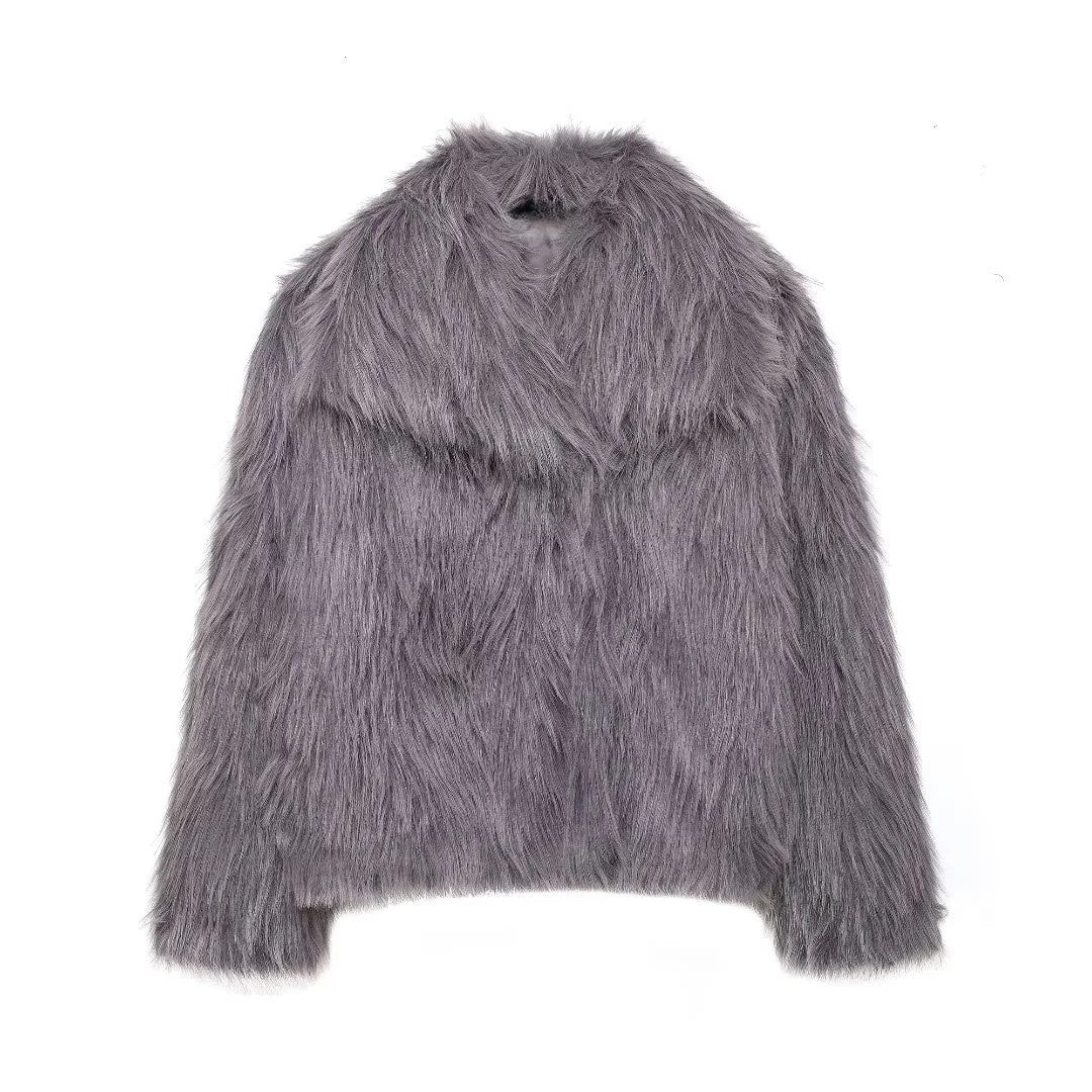 Shaggy Wide Lapel Faux Fur Coat - DarkGray