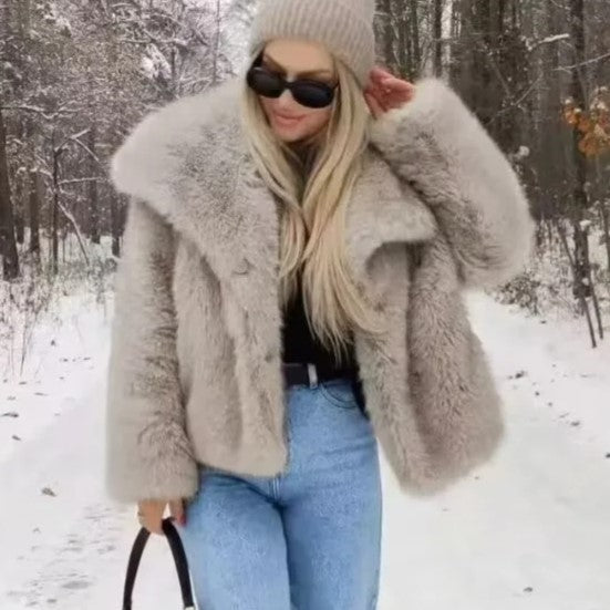 Shaggy Wide Lapel Faux Fur Coat - Gray