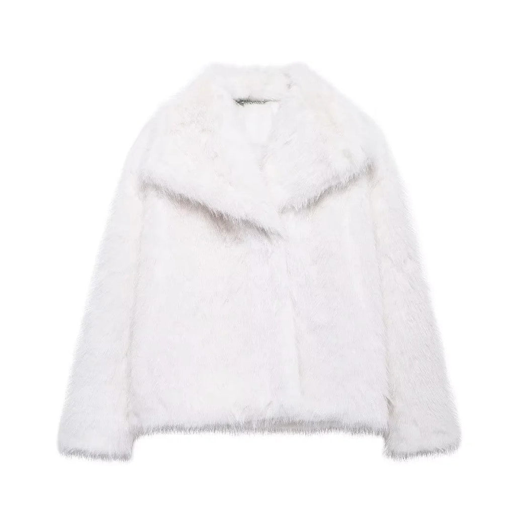 Shaggy Wide Lapel Faux Fur Coat - White