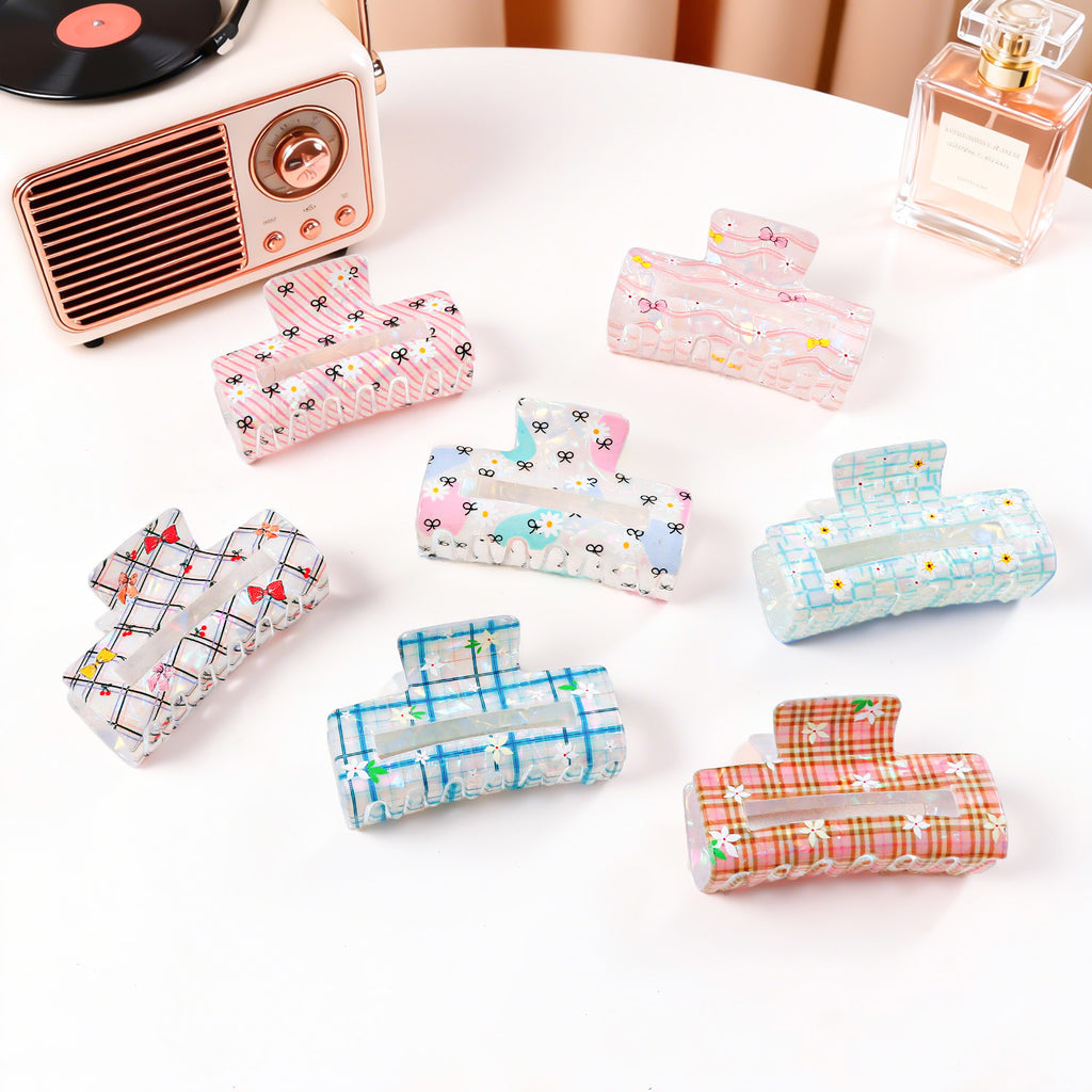 Ditsy Floral Checkered Rectangle Claw Clip - view 1