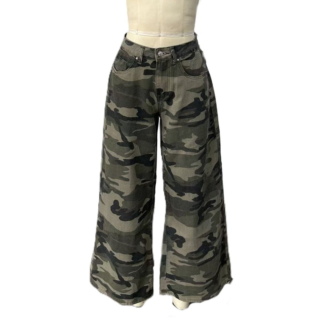 Baggy Camo Print Wide Leg Denim Jeans - Green - 1