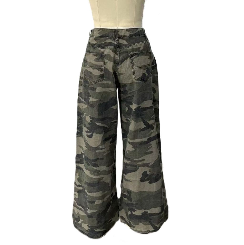 Baggy Camo Print Wide Leg Denim Jeans - Green - 2