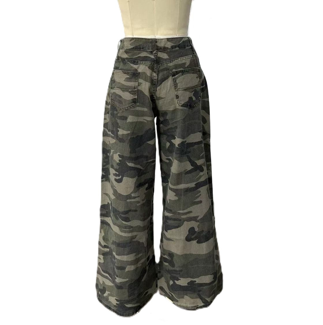 Baggy Camo Print Wide Leg Denim Jeans - Green - 2