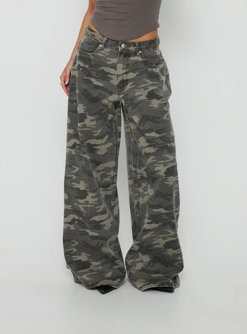 Baggy Camo Print Wide Leg Denim Jeans - Green - 3