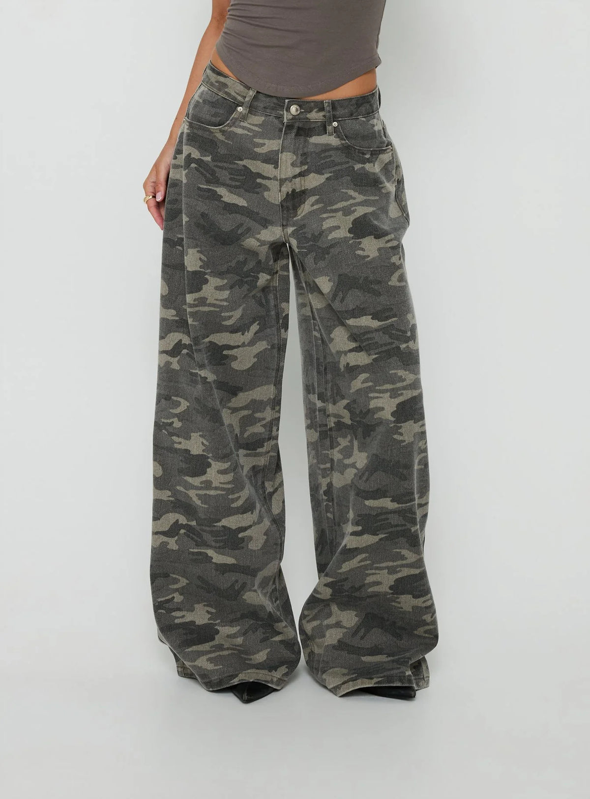 Baggy Camo Print Wide Leg Denim Jeans - Green - 3