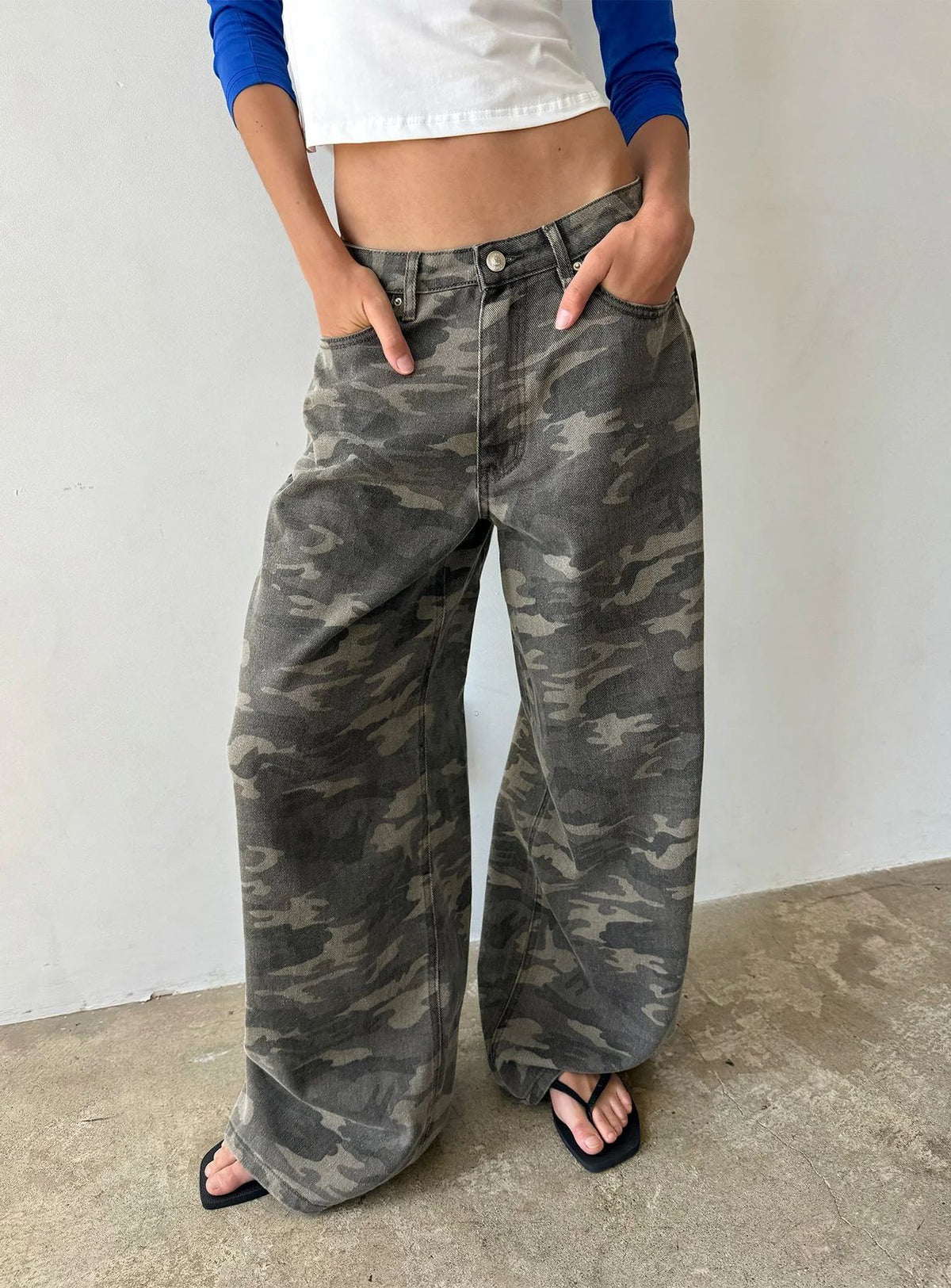 Baggy Camo Print Wide Leg Denim Jeans - Green - 4