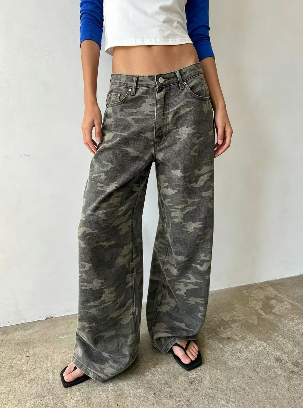 Baggy Camo Print Wide Leg Denim Jeans - Green - 5