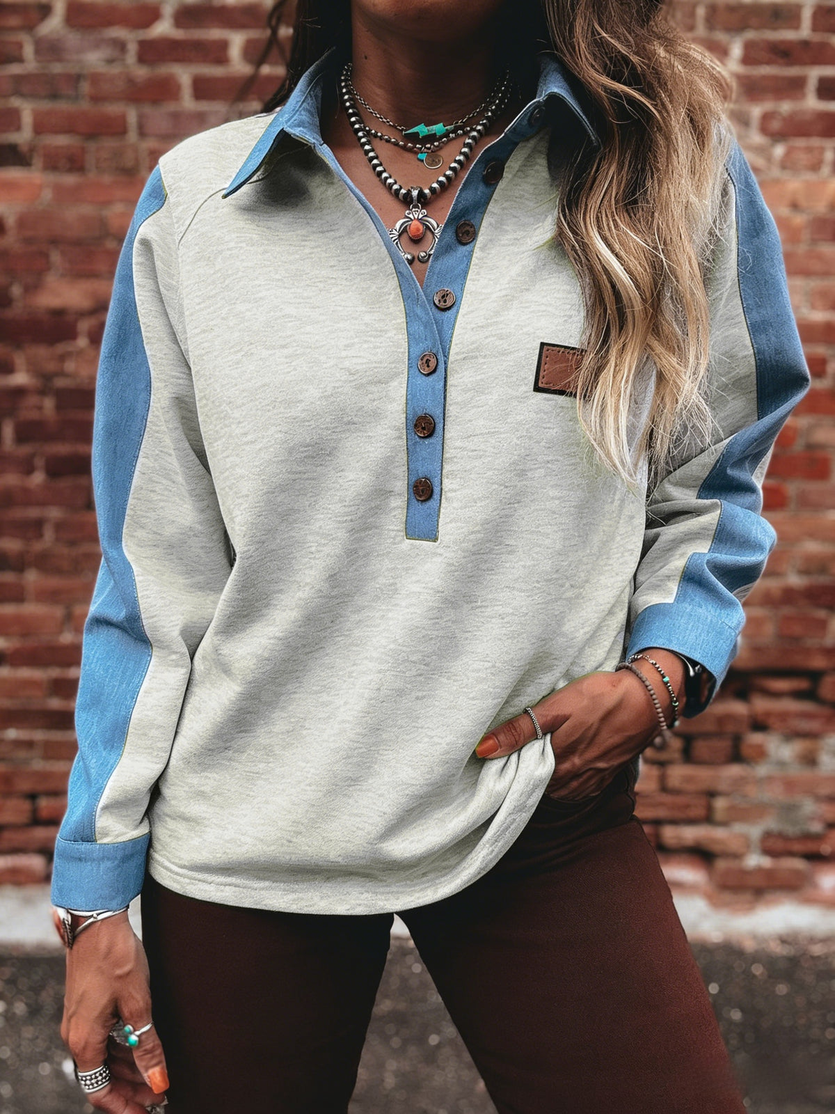 Denim Panel Half Button Collared Sweatshirt - Grey