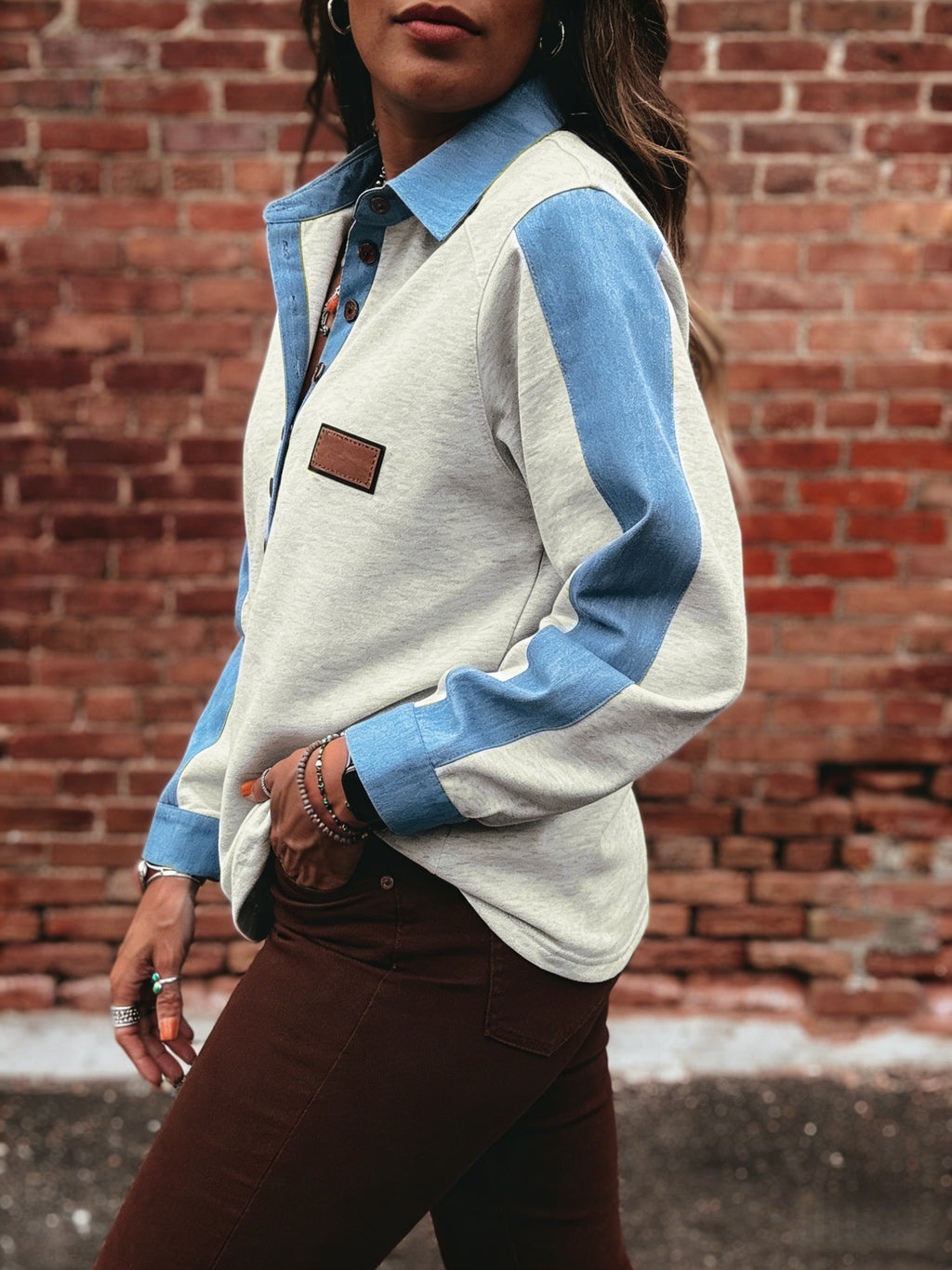 Denim Panel Half Button Collared Sweatshirt - Grey - 1