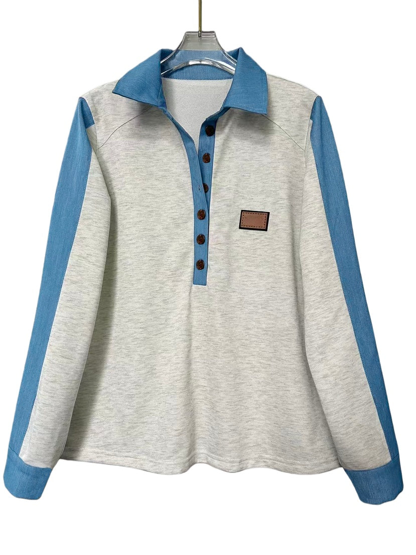 Denim Panel Half Button Collared Sweatshirt - Grey - 2