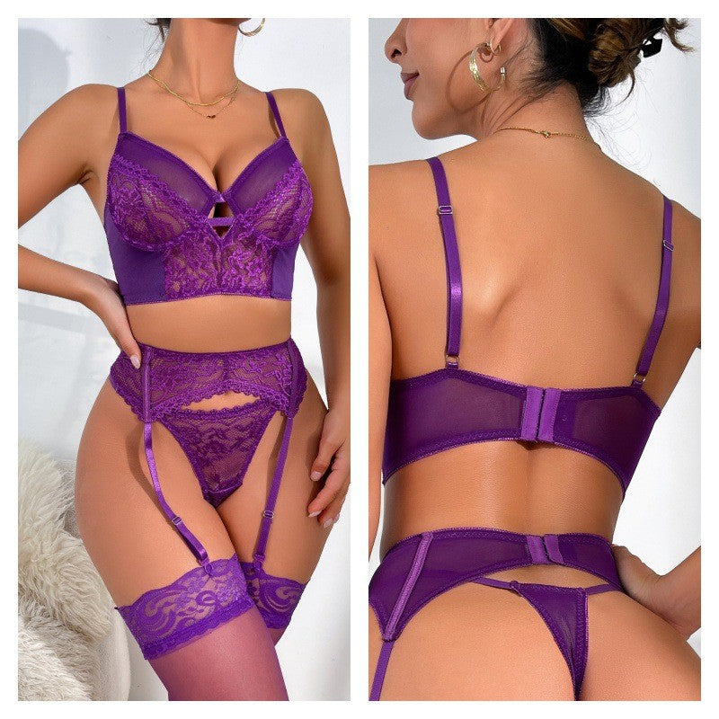 Lace Underwire Bra Garter Belt And Stockings Set
