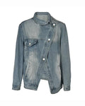 Vintage Wash Asymmetric Button Denim Jacket - Blue