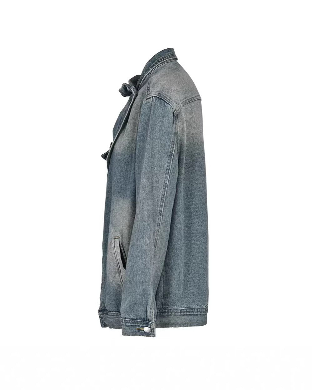 Vintage Wash Asymmetric Button Denim Jacket - Blue - 1