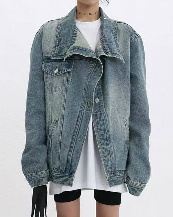 Vintage Wash Asymmetric Button Denim Jacket