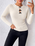 Faux Pearl Collar Bow Detail Knit Top - White