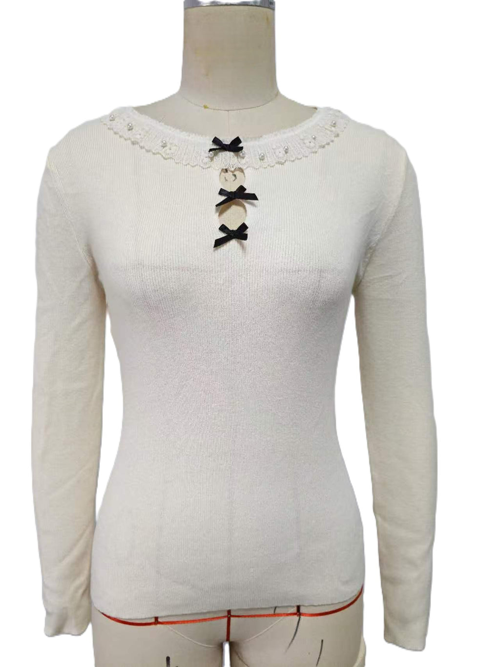 Faux Pearl Collar Bow Detail Knit Top - White - 1