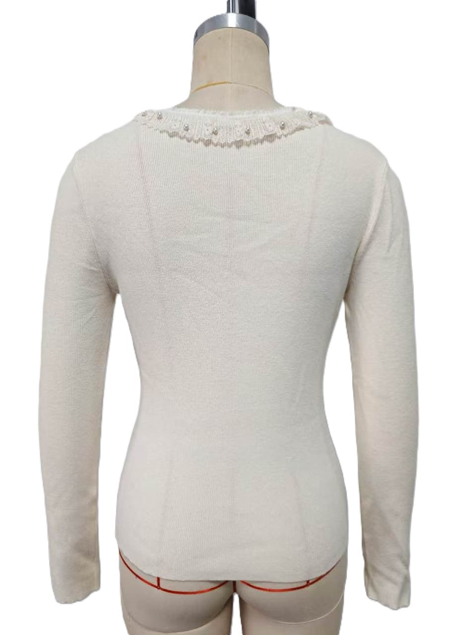 Faux Pearl Collar Bow Detail Knit Top - White - 2