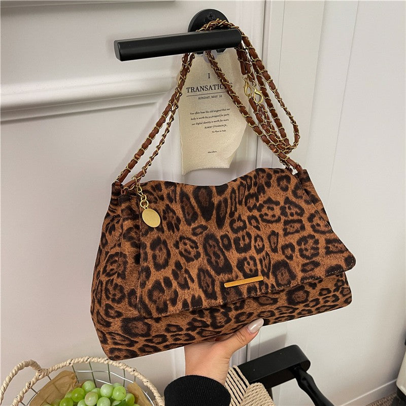 Leopard Print Slouchy Chain Shoulder Bag - Brown Leopard