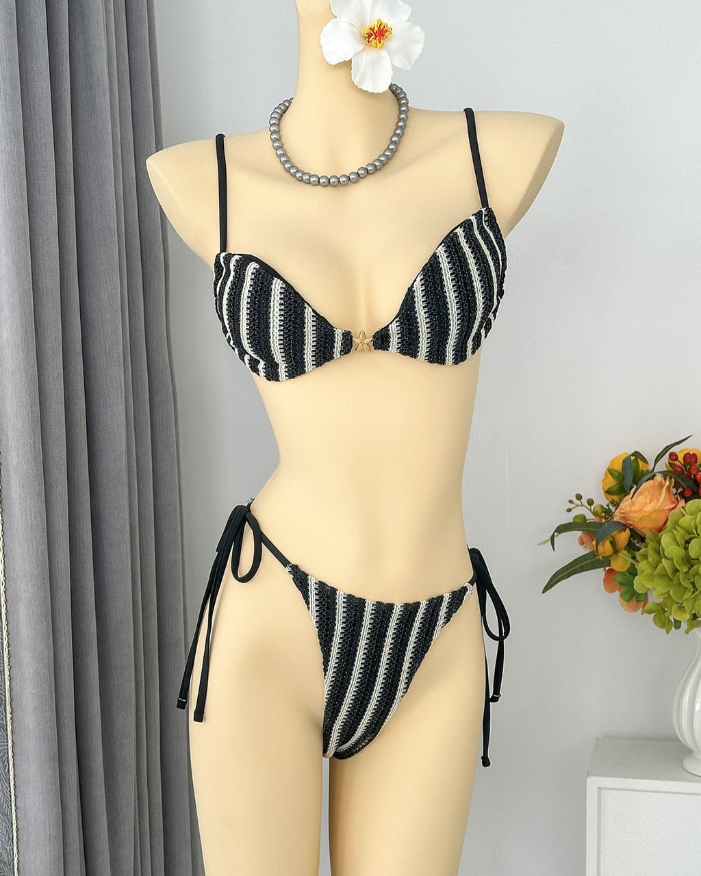 Vertical Stripe Tie Side Bikini Set - Black