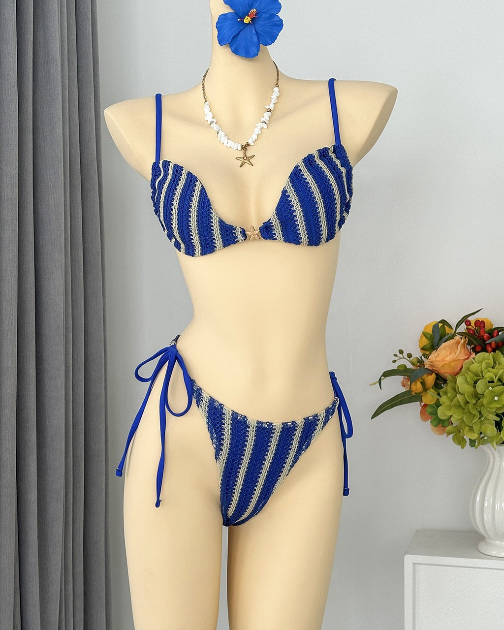 Vertical Stripe Tie Side Bikini Set - Blue
