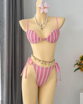 Vertical Stripe Tie Side Bikini Set - Pink
