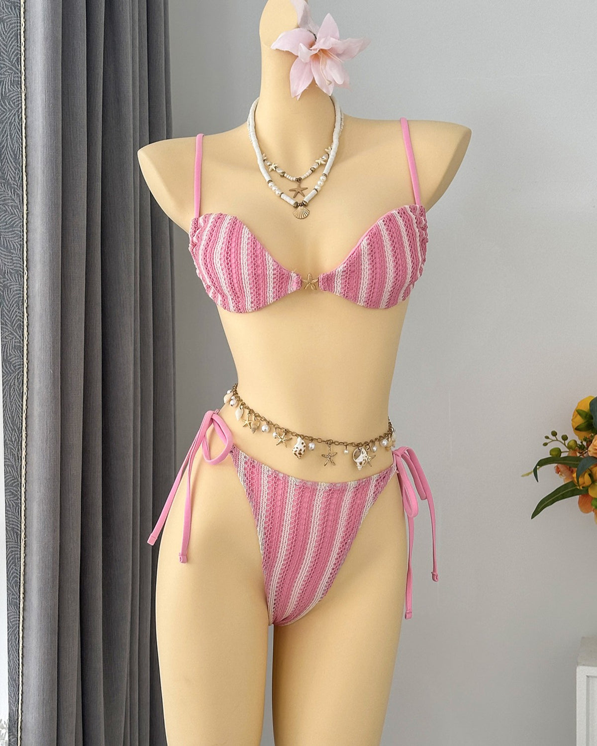 Vertical Stripe Tie Side Bikini Set - Pink