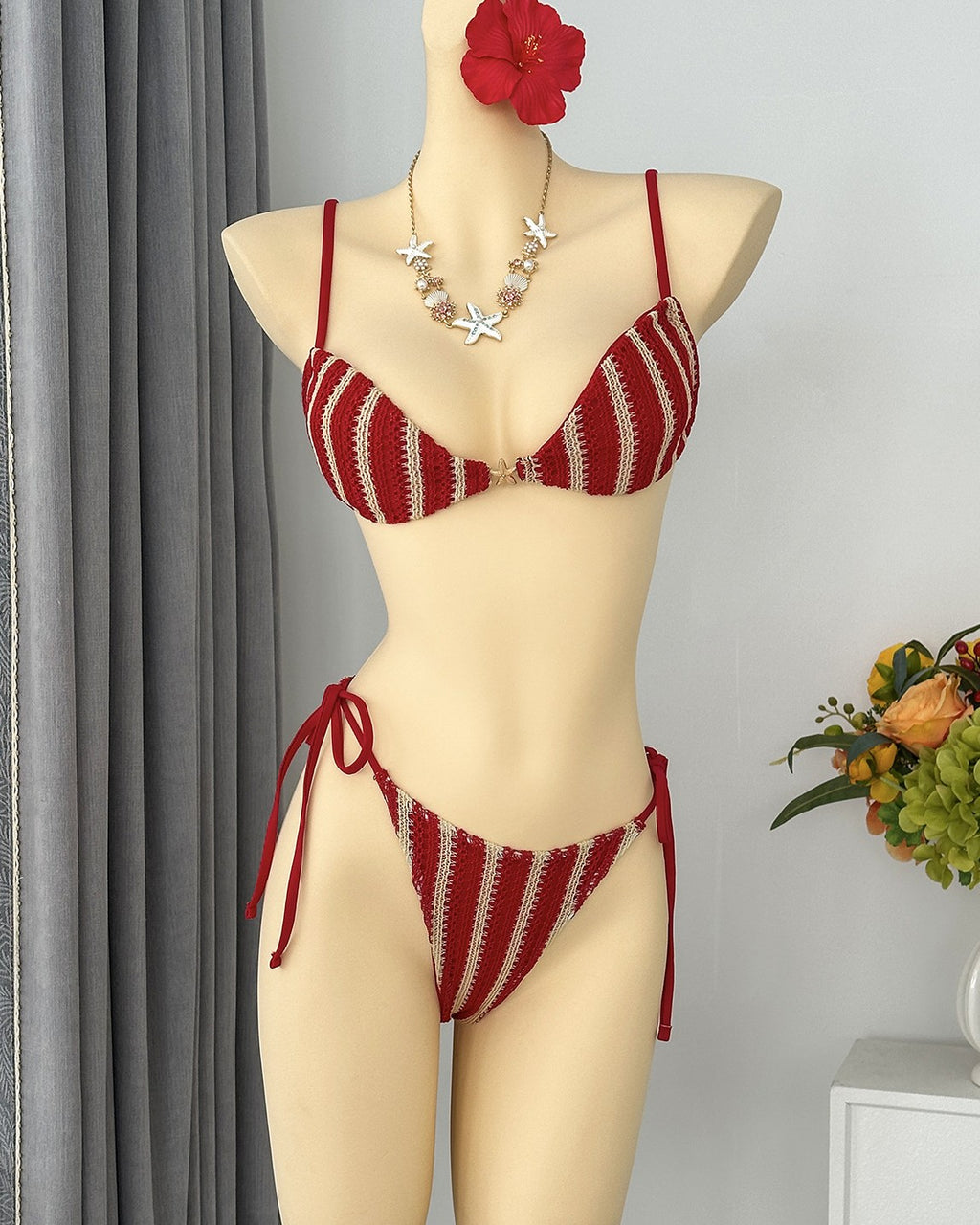 Vertical Stripe Tie Side Bikini Set - Red