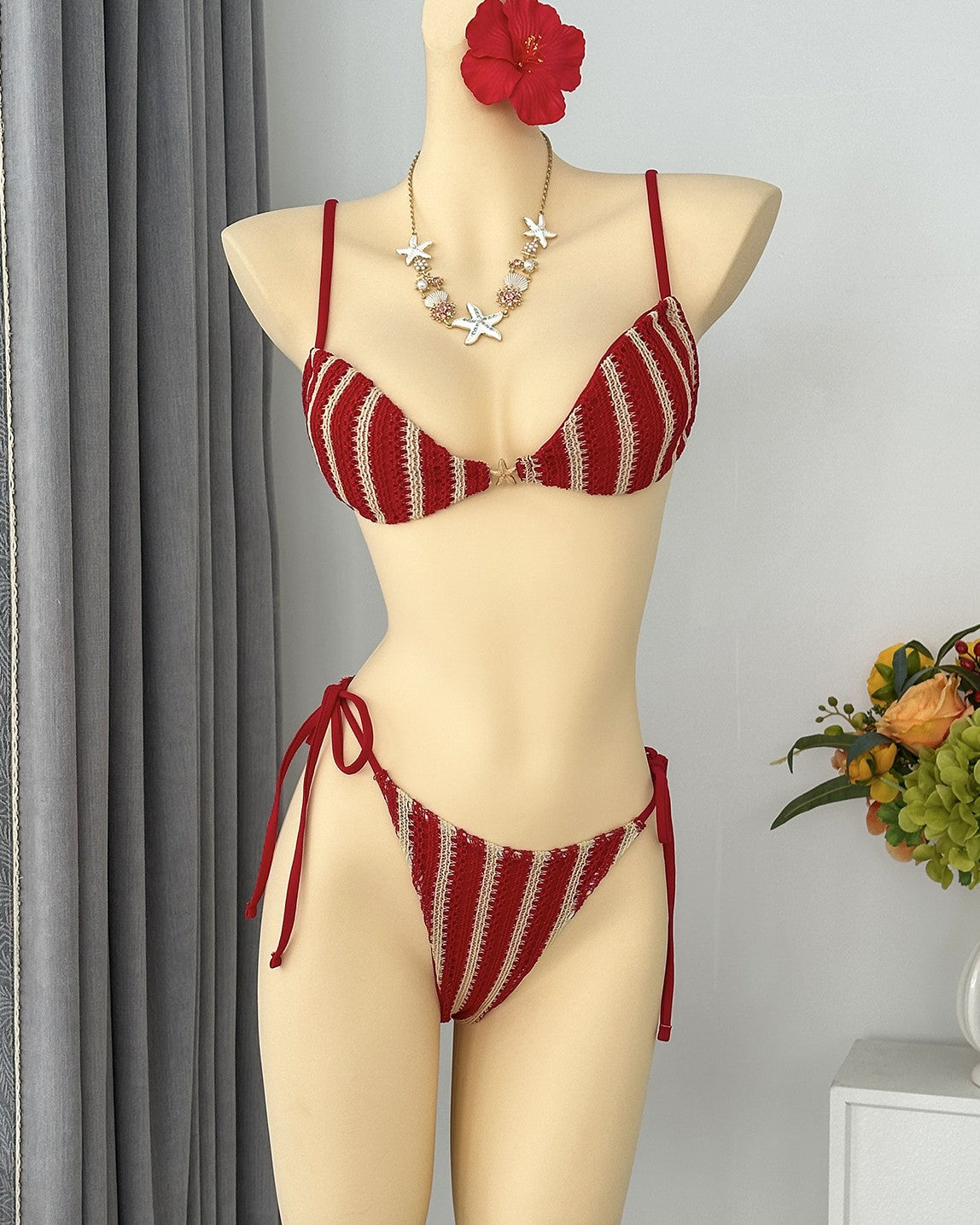 Vertical Stripe Tie Side Bikini Set - Red