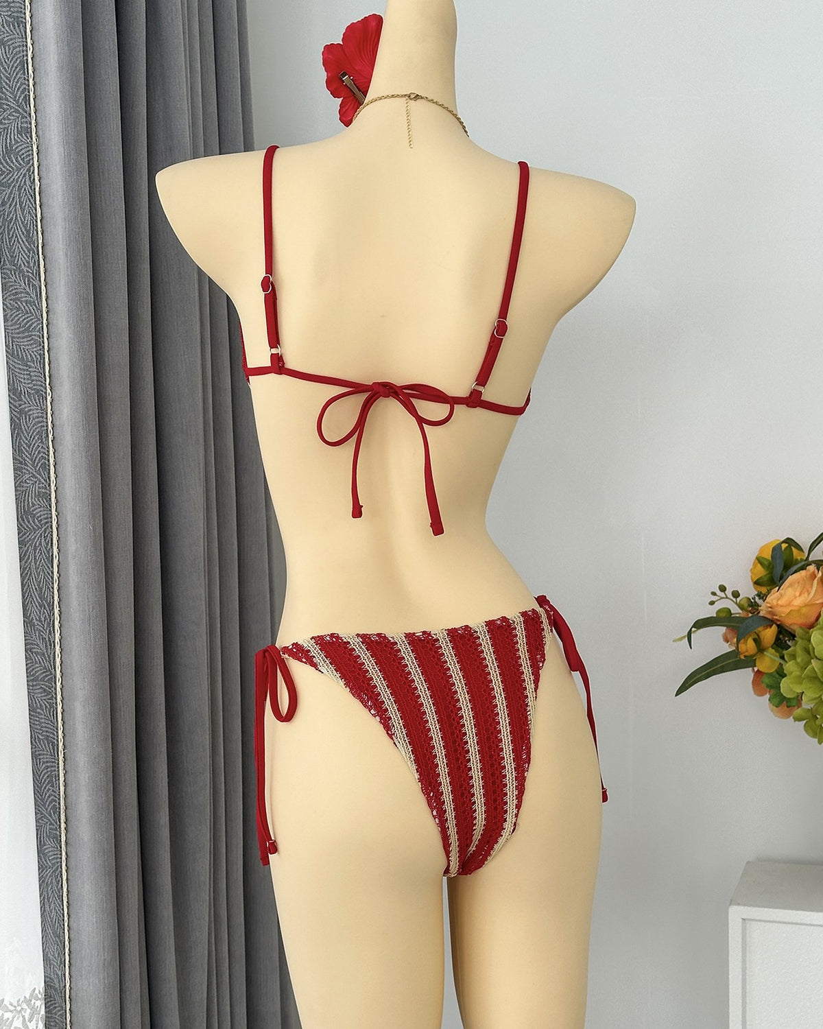 Vertical Stripe Tie Side Bikini Set - Red - 1