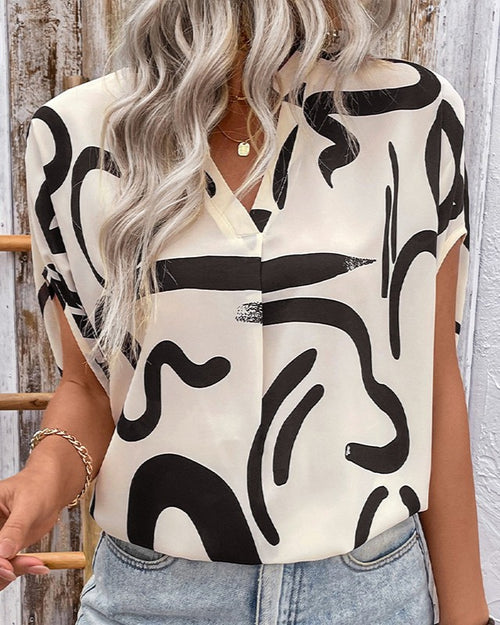 Abstract Brushstroke Print Dolman Sleeve Shirt - Apricot