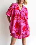 Bold Print Linen Shirt And Shorts Set - Rose Red