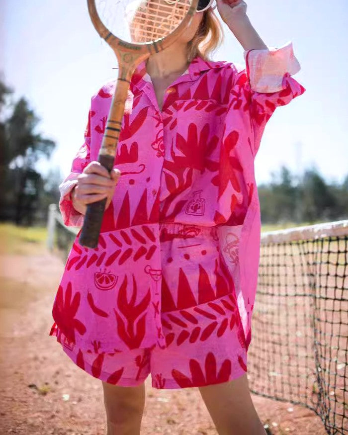Bold Print Linen Shirt And Shorts Set - Rose Red - 1