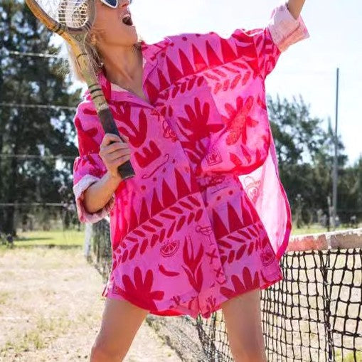 Bold Print Linen Shirt And Shorts Set - Rose Red - 2