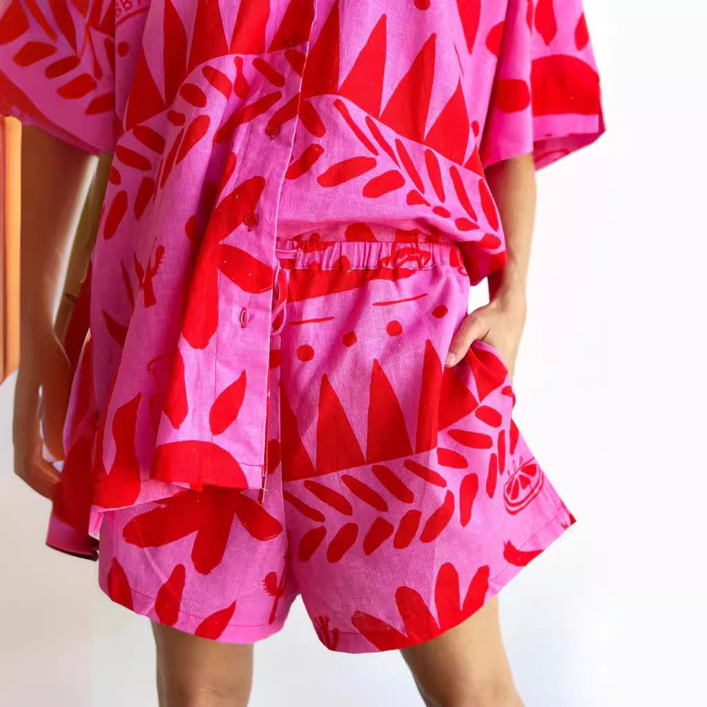 Bold Print Linen Shirt And Shorts Set - Rose Red - 3