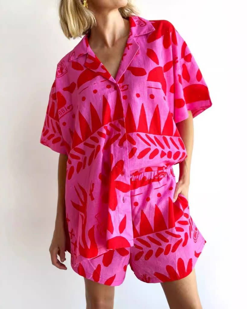 Bold Print Linen Shirt And Shorts Set