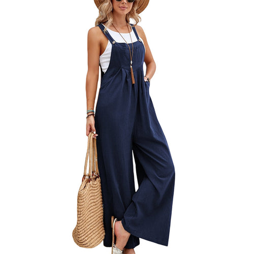 Adjustable Strap Bib Overall Wide Leg Trousers - Dark_Blue