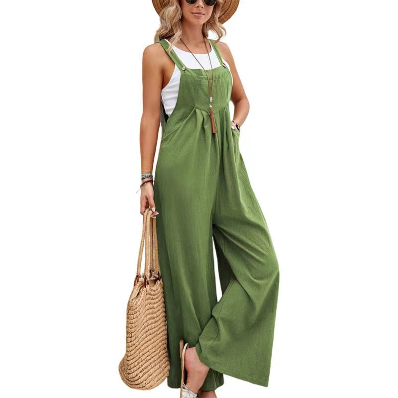 Adjustable Strap Bib Overall Wide Leg Trousers - Grass_Green