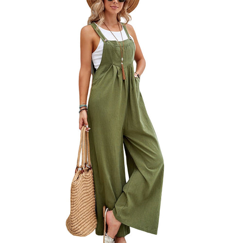 Adjustable Strap Bib Overall Wide Leg Trousers - Green
