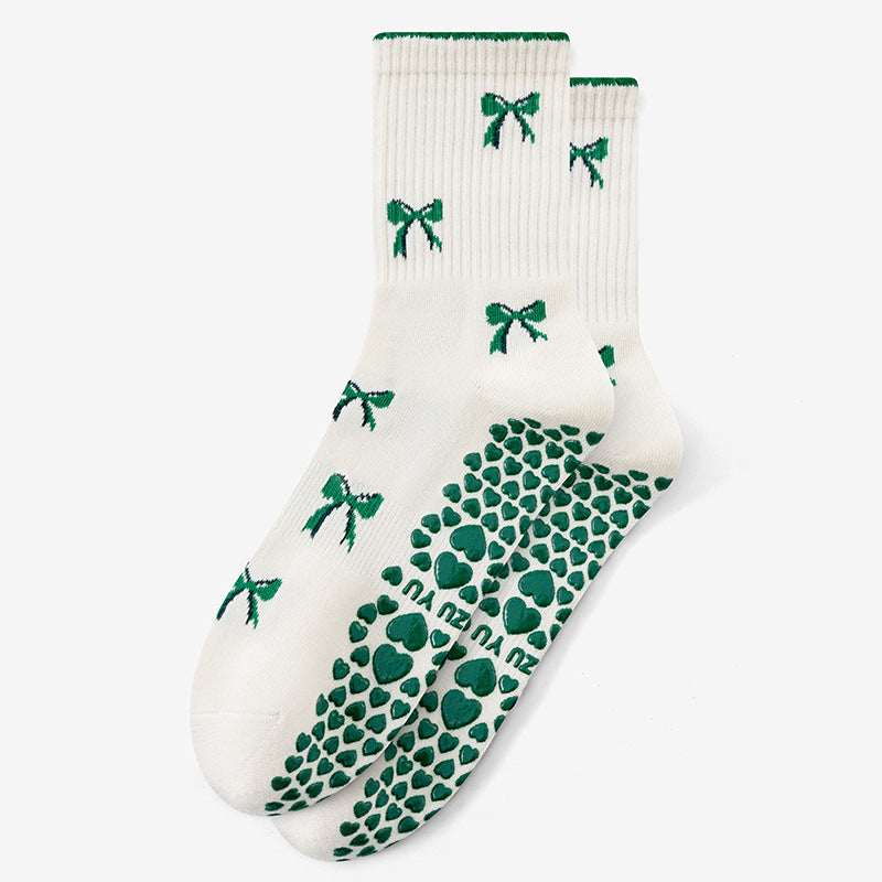 Bow Embroidered Ruffle Trim Pilates Grip Socks - Green