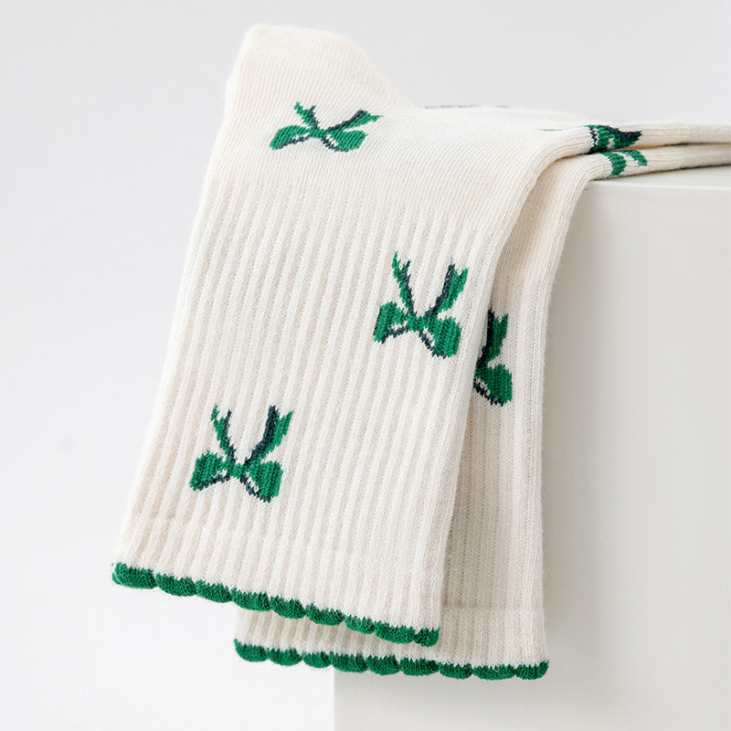 Bow Embroidered Ruffle Trim Pilates Grip Socks - Green - 1