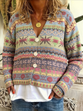 Boho Folk Pattern Button Front Cardigan - Green