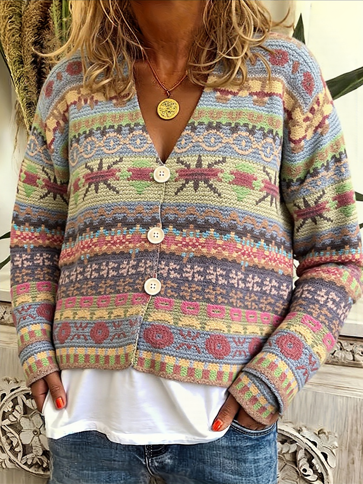 Boho Folk Pattern Button Front Cardigan - Green